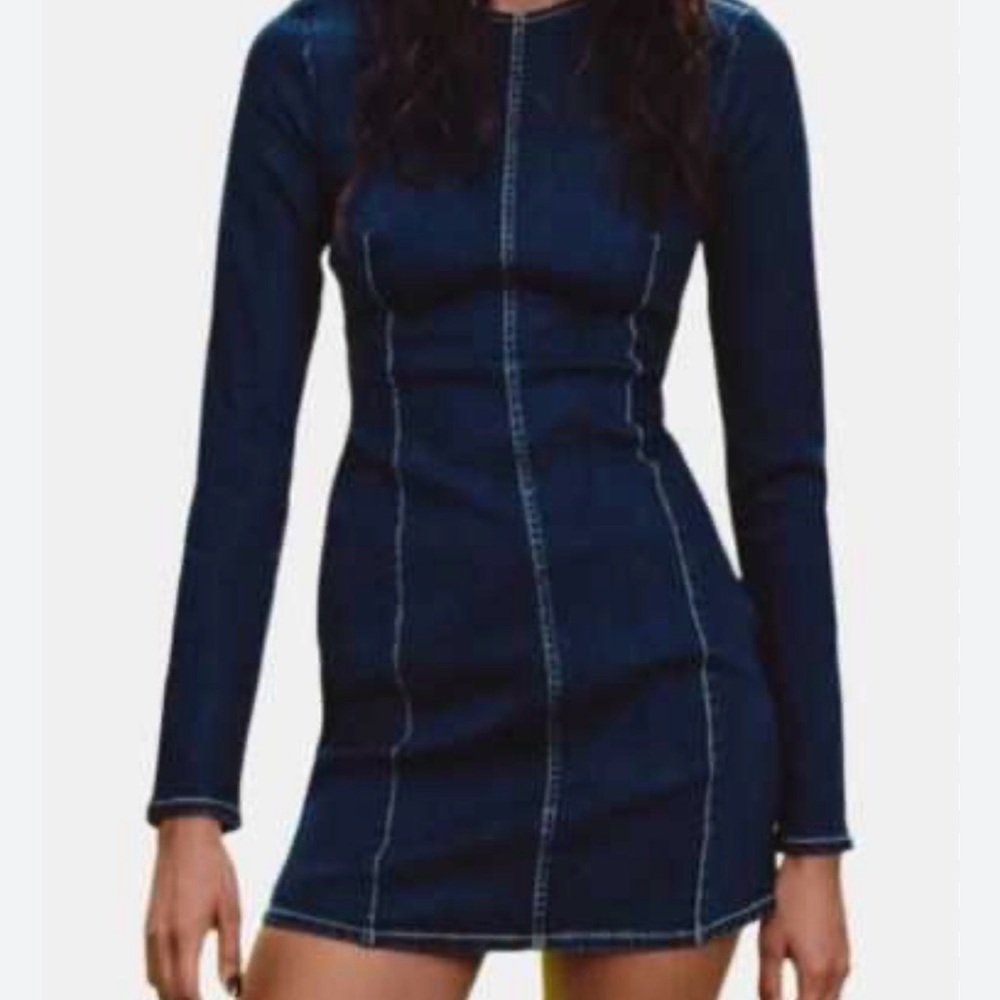 Zara Dark Blue Long-Sleeve Bodycon stretch denim Dress